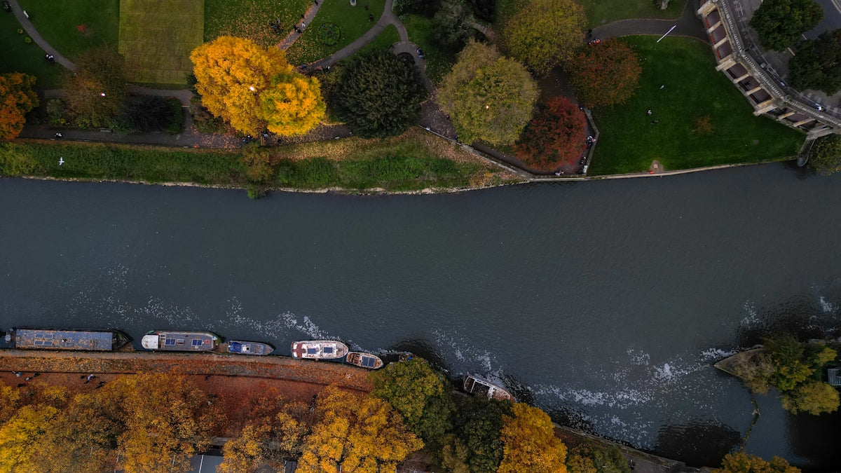 An aerial view of a river running through a park