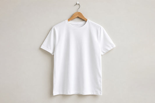 A plain white t-shirt hangs on a wooden hanger.