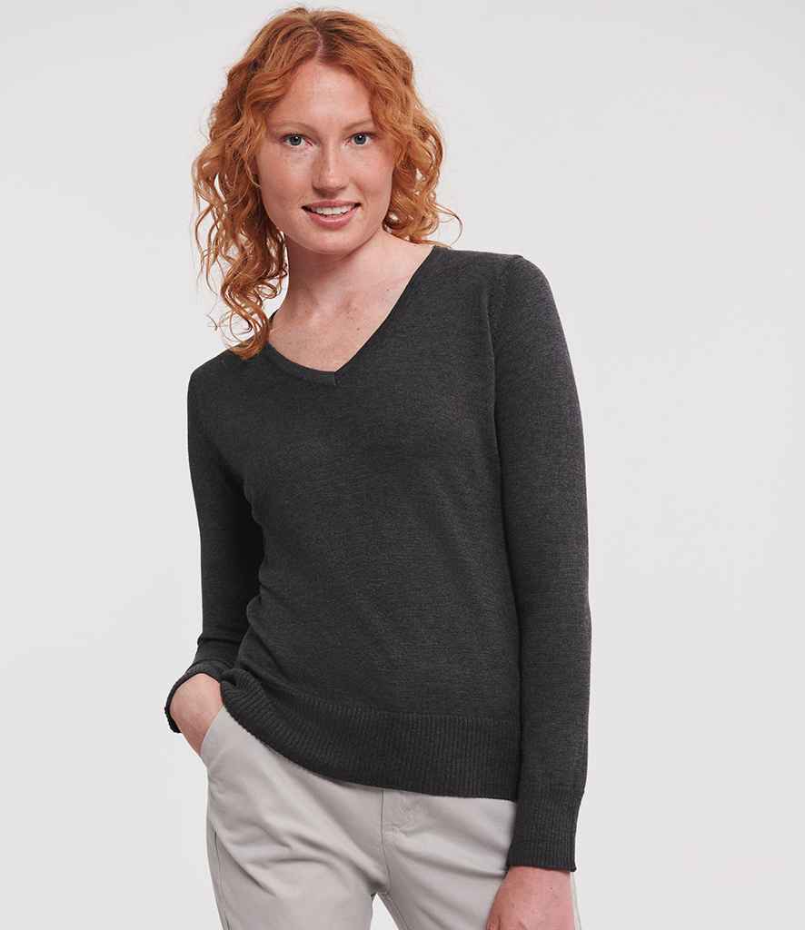 Russell Collection - Ladies Cotton Acrylic V Neck Sweater - 710F CHM XXS