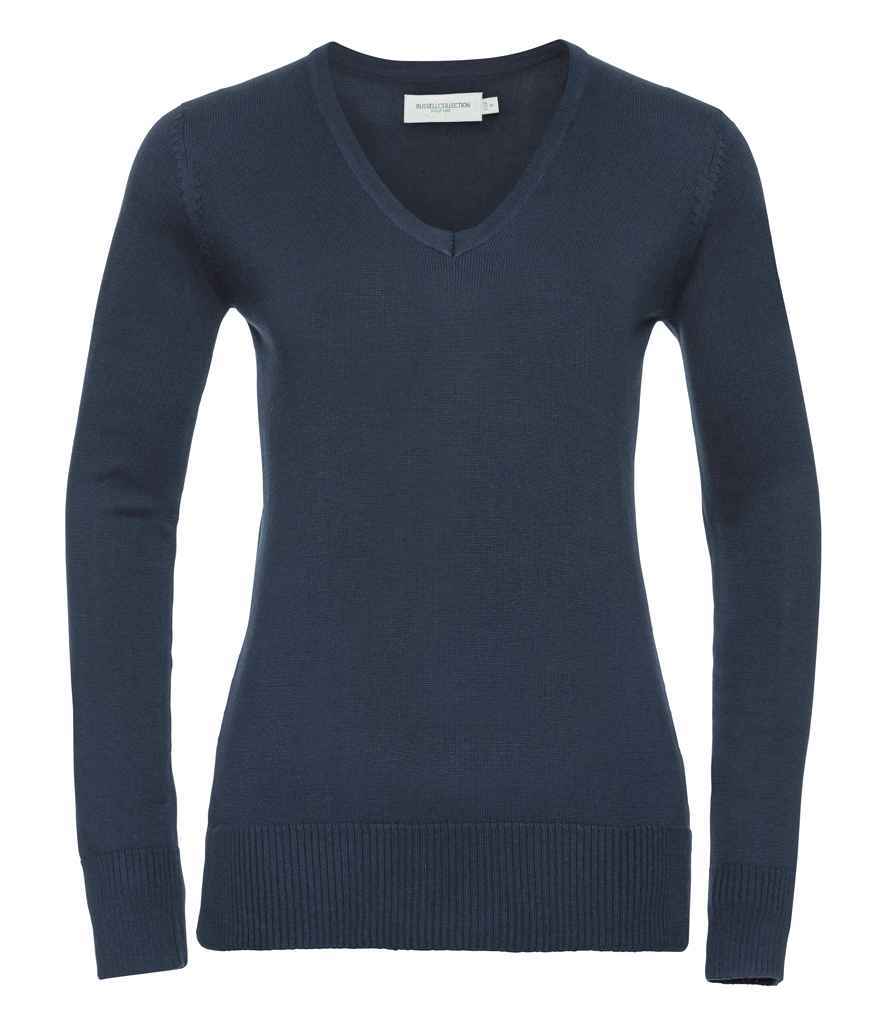 Russell Collection - Ladies Cotton Acrylic V Neck Sweater - 710F BLK XXS