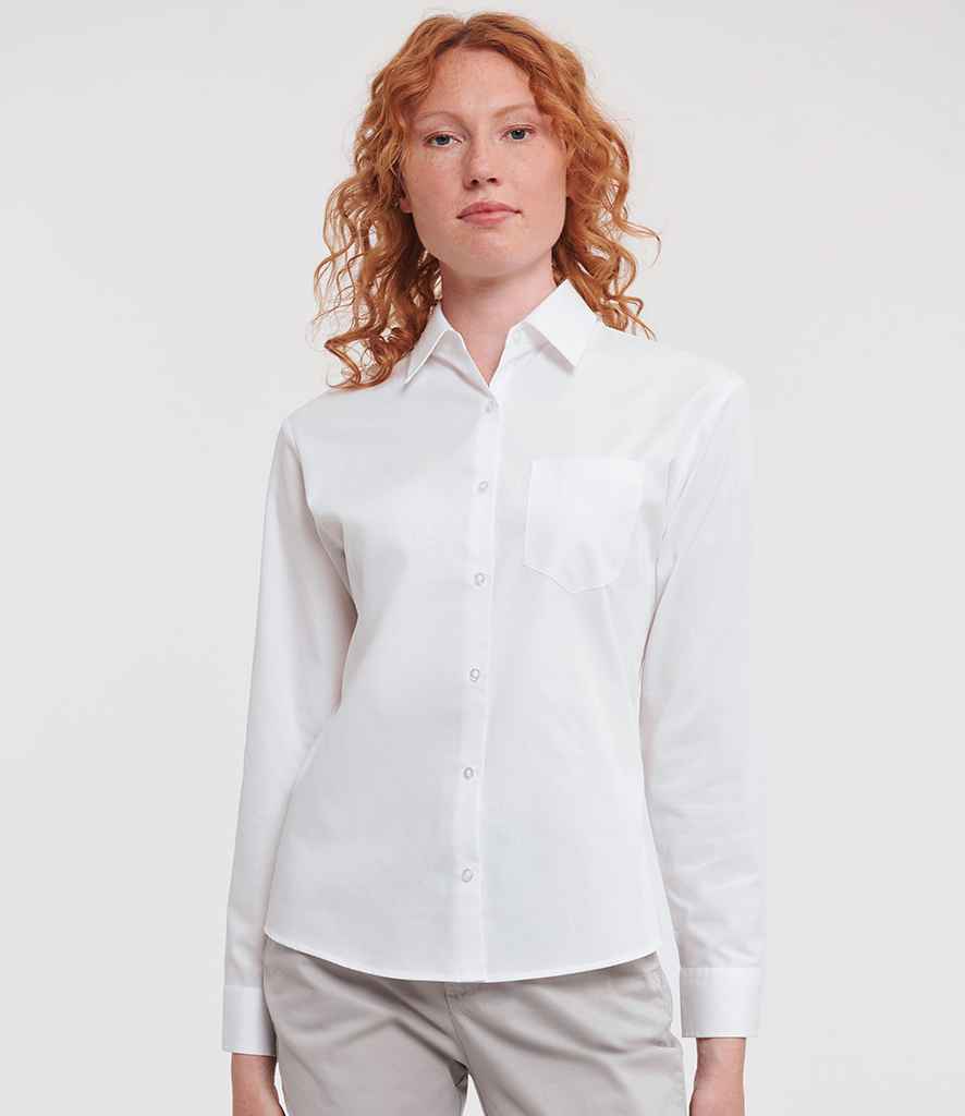 Russell Collection - Ladies Long Sleeve Easy Care Cotton Poplin Shirt - 936F WHI XS