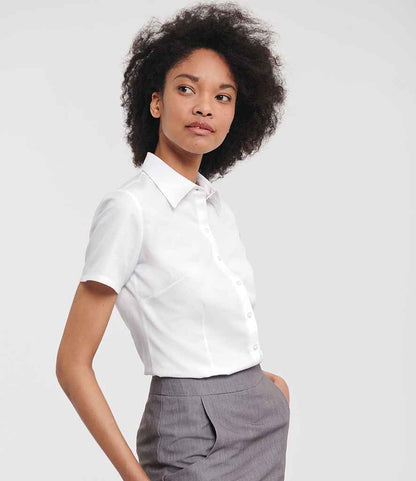 Russell Collection - Ladies Short Sleeve Herringbone Shirt - 963F WHI XS
