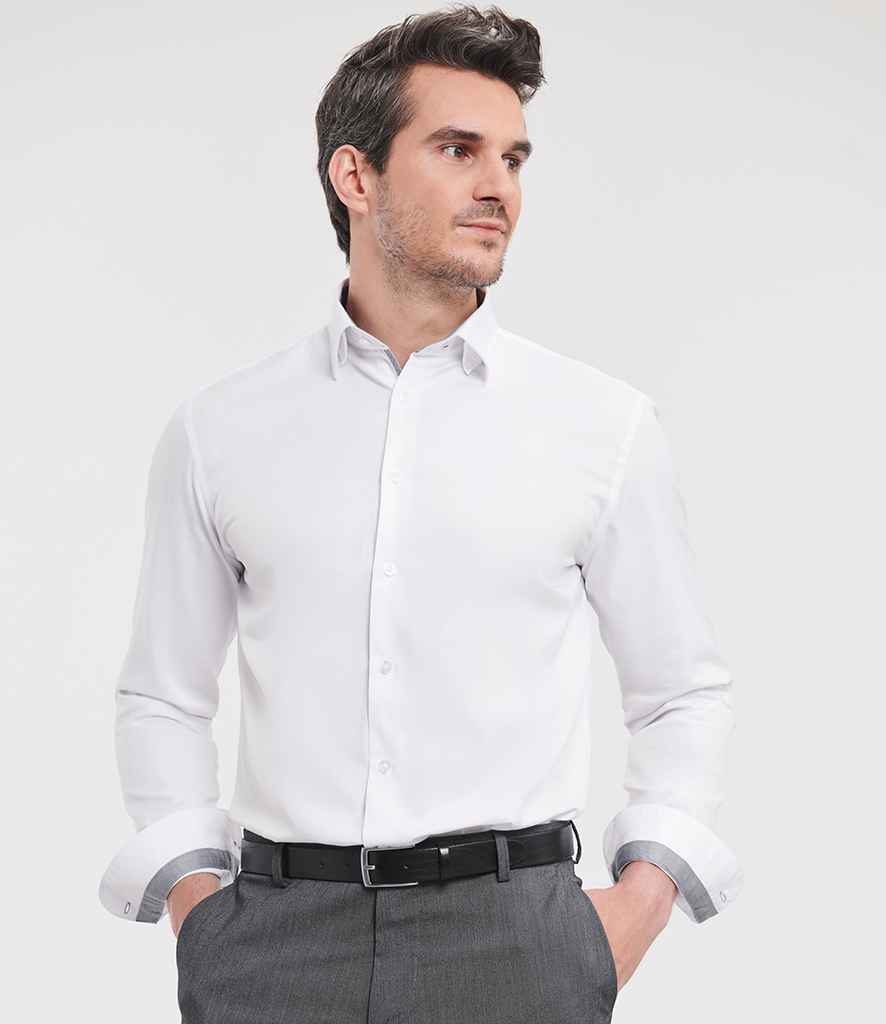 Russell Collection - Long Sleeve Contrast Herringbone Shirt - 964M WH/SI 14.5