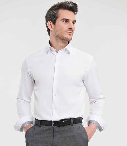 Russell Collection - Long Sleeve Contrast Herringbone Shirt - 964M WH/SI 14.5