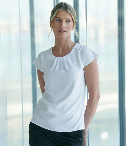 Henbury - Ladies Pleat Front Short Sleeve Blouse - H597 WHI XS