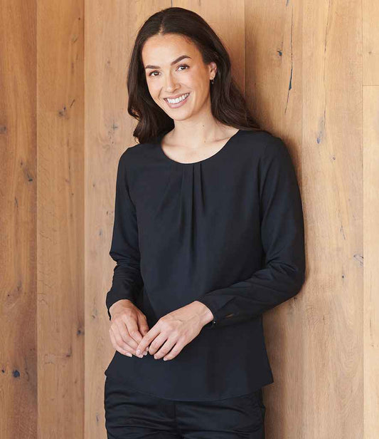 Henbury - Ladies Pleat Front Long Sleeve Blouse - H598 BLK XS