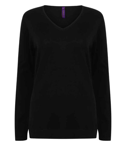 Henbury - Ladies Lightweight Cotton Acrylic V Neck Sweater - H721 BLK XXS