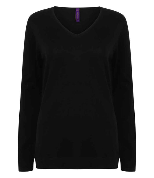 Henbury - Ladies Lightweight Cotton Acrylic V Neck Sweater - H721 BLK XXS