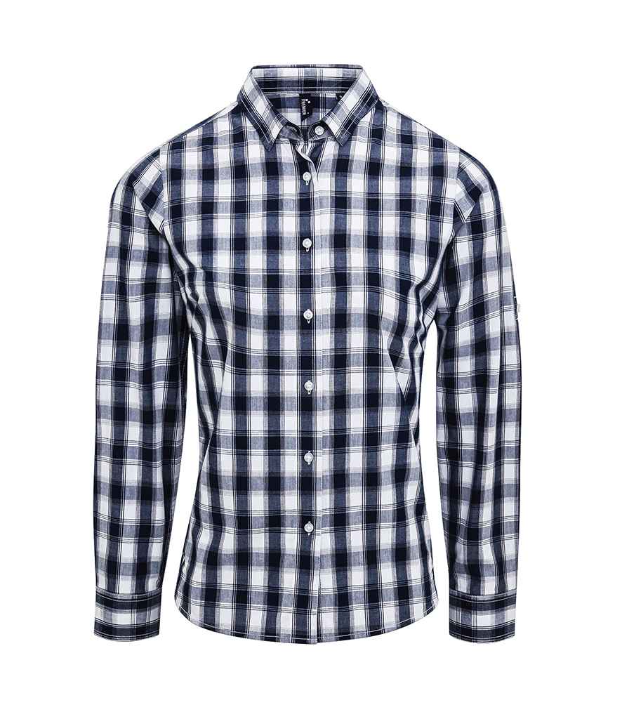 Premier - Ladies Mulligan Check Long Sleeve Shirt - PR350 WH/NV XS