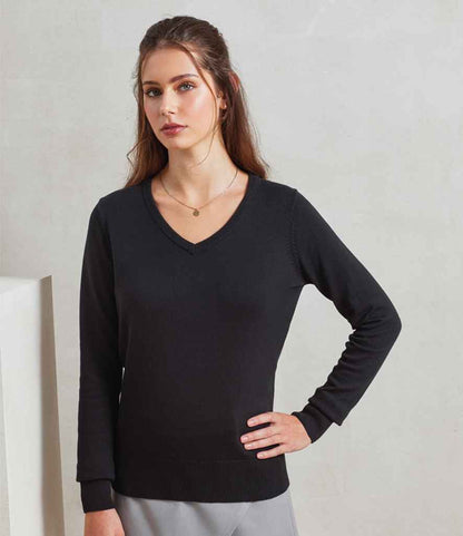 Premier - Ladies Knitted Cotton Acrylic V Neck Sweater - PR696 BLK 8